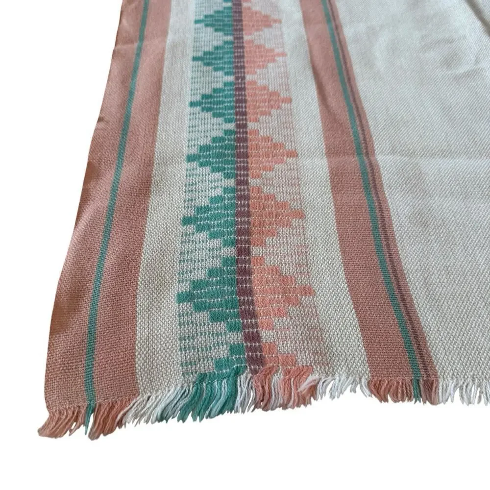 Tablecloth Napkin Set 84”x57” Aztec Striped Peach Aqua Mid Century Fringe